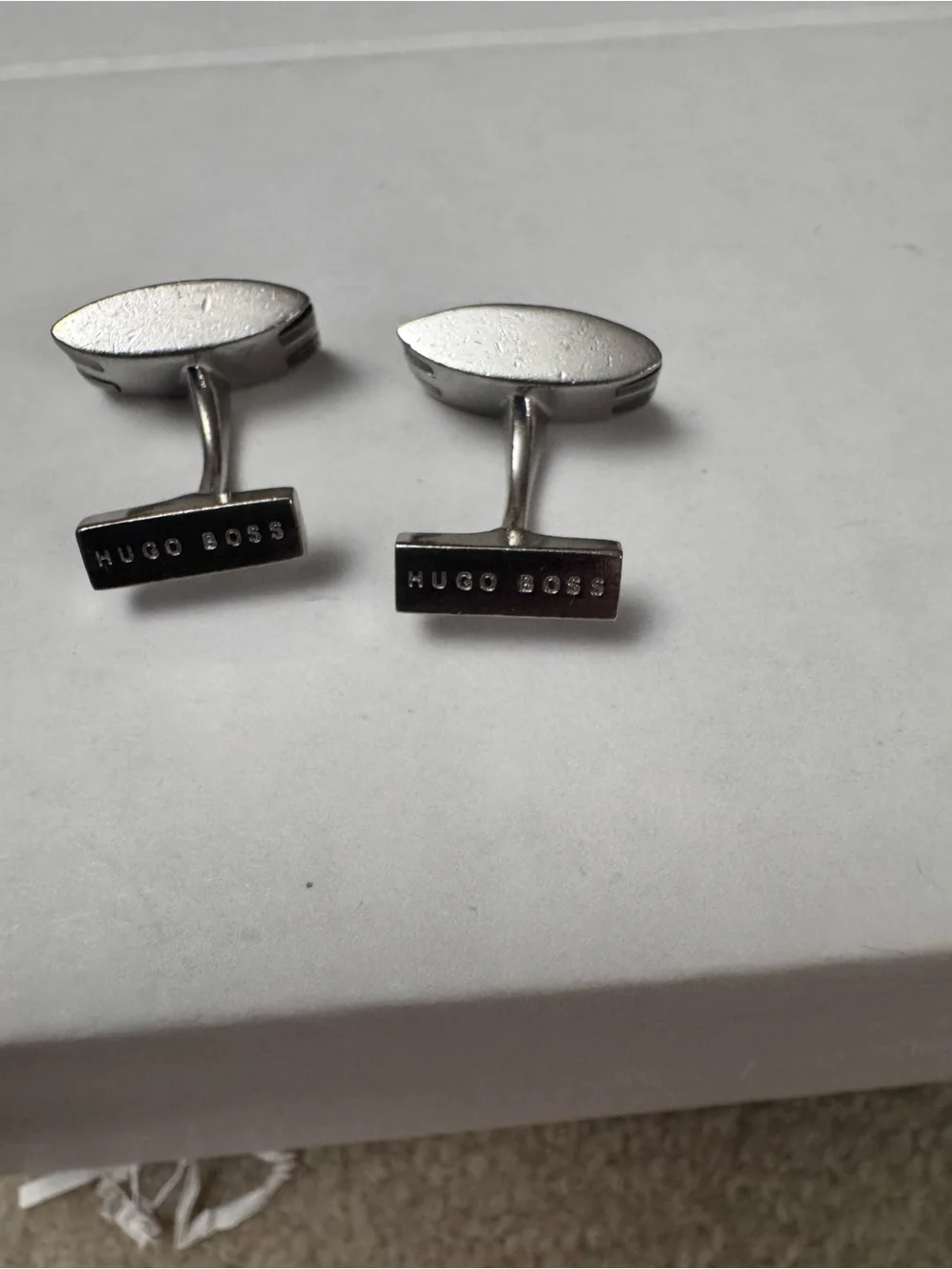 Hugo Boss Silver-Tone Striped Oval Cufflinks